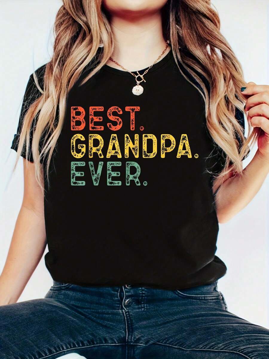 Best Grandpa Ever Family Retro Vintage T-Shirt - 100% Cotton Printed Short Sleeve T-Shirt Top - Casual Sport Style - Comfortable & Breathable For Summer, Spring