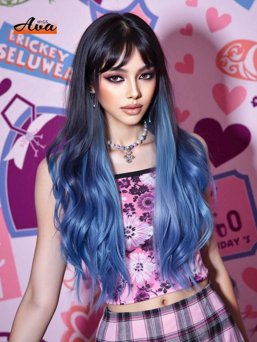 Ava WIGS 26 Inch Blue Ombre Wig Long Curly Wig For Women Synthetic Wig Colorful Punk Music Festival Wigs Daily Cosplay Party Use