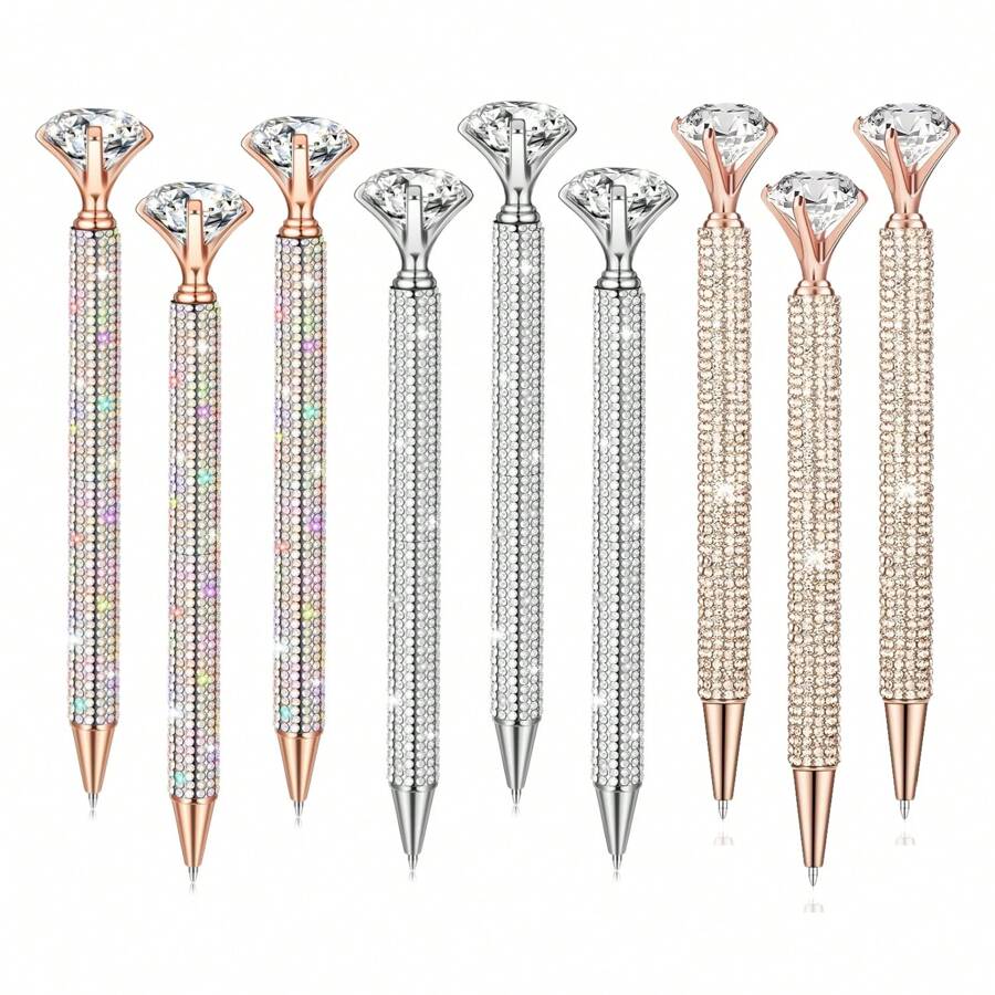 9 Pcs 3 Colors Diamond Pens, Rhinestone Case With Diamond Ballpoint Pens, Wedding Bridal Favors Gift, Black Ink Glitter Pens For Birthday Party Gift Supplies Back To School