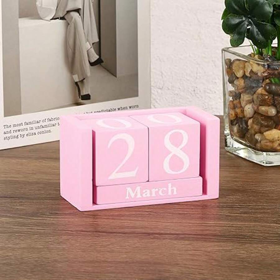 1PC Pink Wooden Perpetual Calendar Desktop Wooden Month Date Display Block Can Adjust The Date Month Is Very Suitable For Daily Office Desktop Decoration Porch Decoration Shop Bar Desktop Decoration
