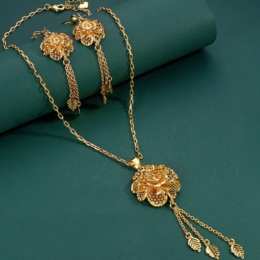 Set van 3 stuks, vergulde 18K realistische 3D rozenbloem hanger ketting en oorbellen, blad kwast ontwerp, mode luxe Dubai stijl, geschikt voor bruiden, bruiloft, feest, vakantie cadeaus voor vrouwen