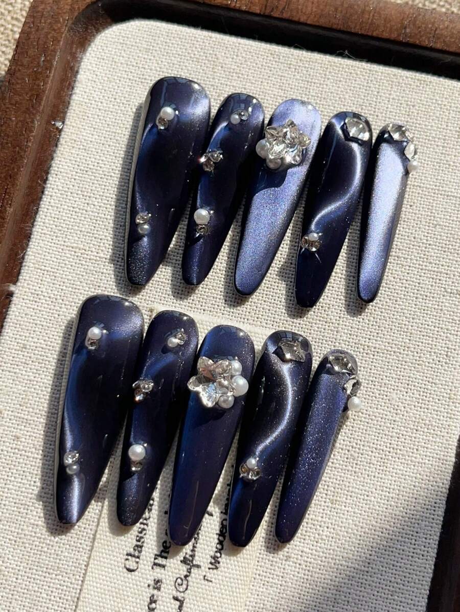 10PCS Handmade Wearable Nail Art Press-On Nails, Water Droplet High Heels Cat Eye Nail Shape Press-On, Charming Press-On Nails, Short Press-On Nails, Minimalist Design Nails, Full Coverage Fake Nails, Y2K Nails, Unique Creative Fake Nails, Promotional Daily Nails, Reusable Daily Nails For Women And To Use At Parties And Dinners, Reusable
