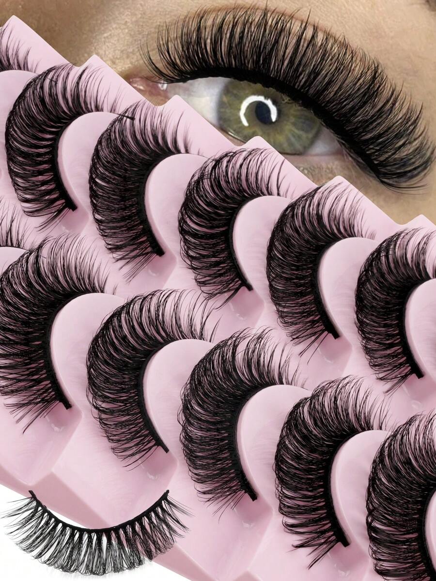 10 pares de pestañas postizas naturales y esponjosas, pestañas postizas 3D de visón sintético, gruesas y rizadas, tira completa, suaves, reutilizables, adecuadas para todos los tipos de ojos