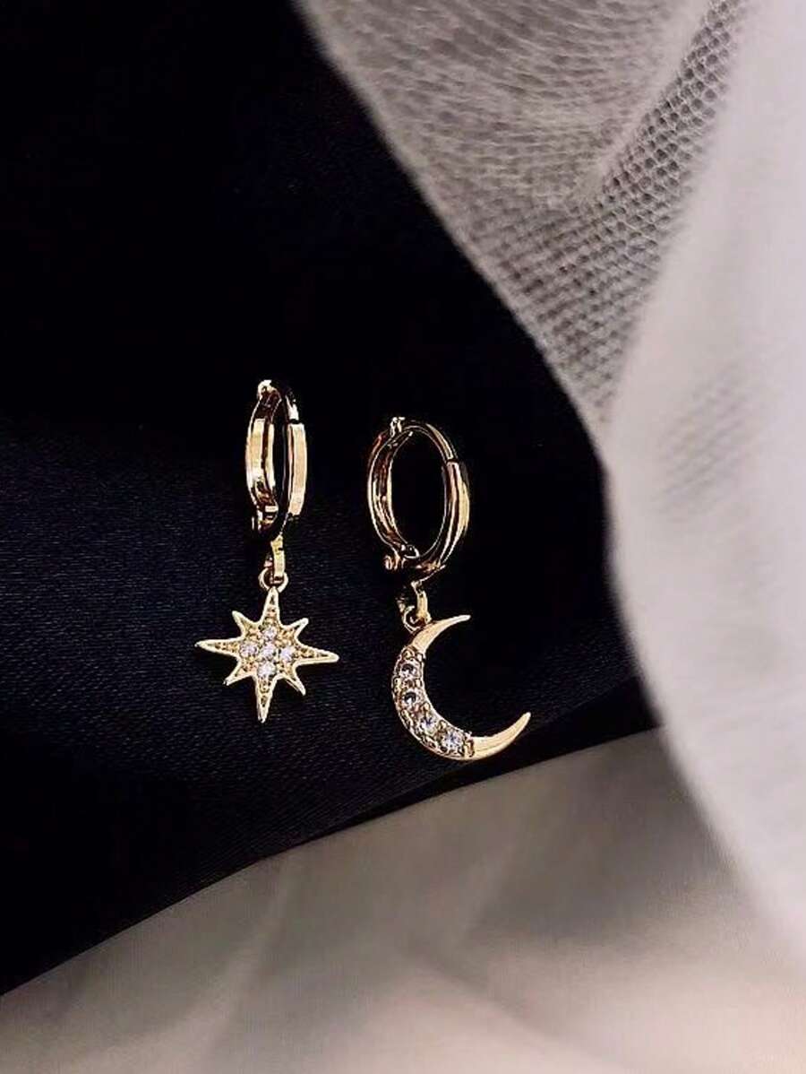 Asymmetric Star & Moon Rhinestone Earrings, Fashionable Minimalist Star Moon Design Ear Jewelry