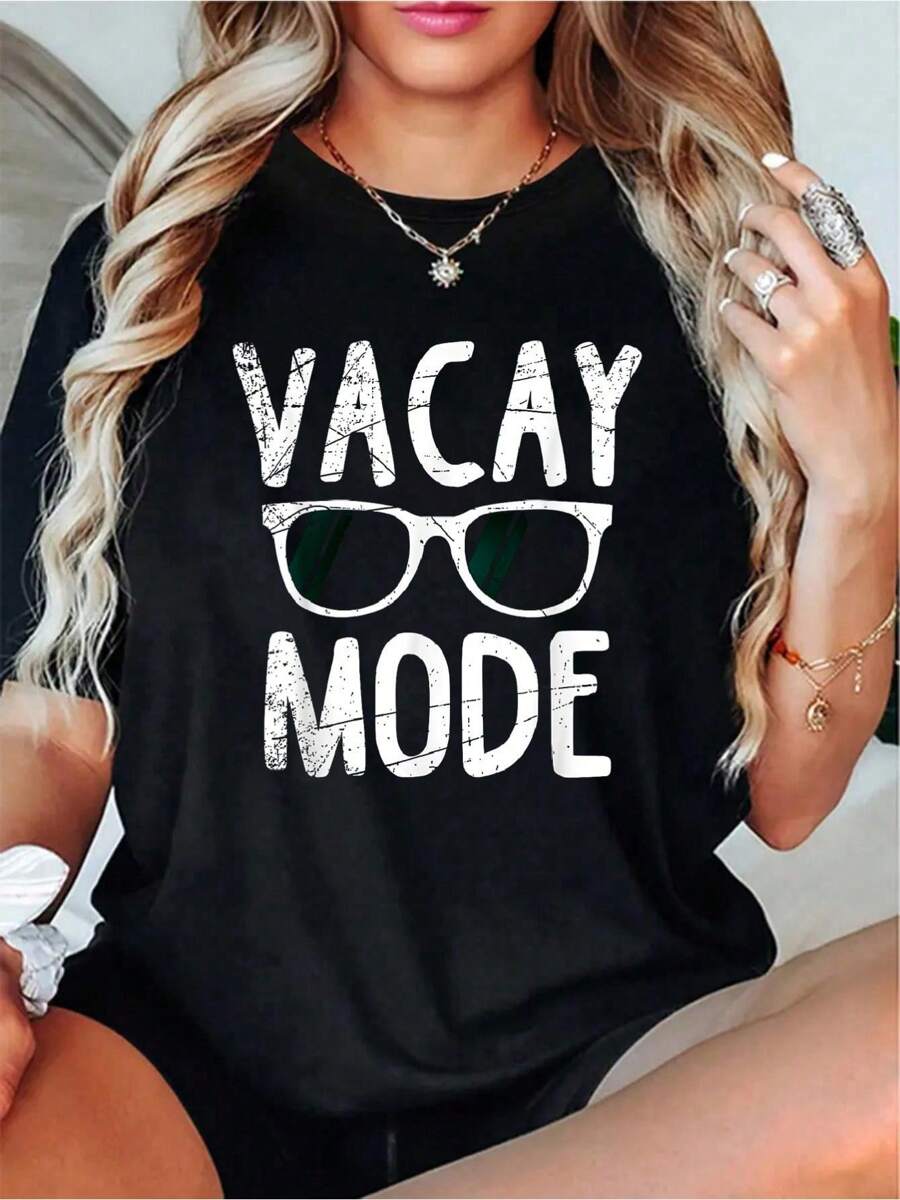 Vacay Mode T Shirt Funny Family Vacation Gift Men Women T-Shirt, Printed Crew Neck T-Shirt For Women - Casual Crew Neck, Short Sleeve, Breathable 100% Cotton Top