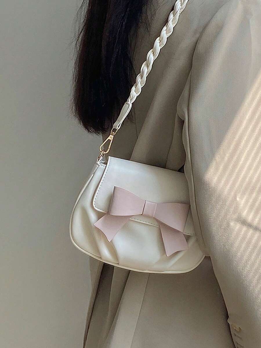 Bolsa de Ombro de Cor Sólida Feminina, Bolsa Transversal de Moda Fofa com Decoração de Laço, Adequada para Presente, Transporte Diário, Escola, Mini Carteira de Celular, Bolsa Plissada