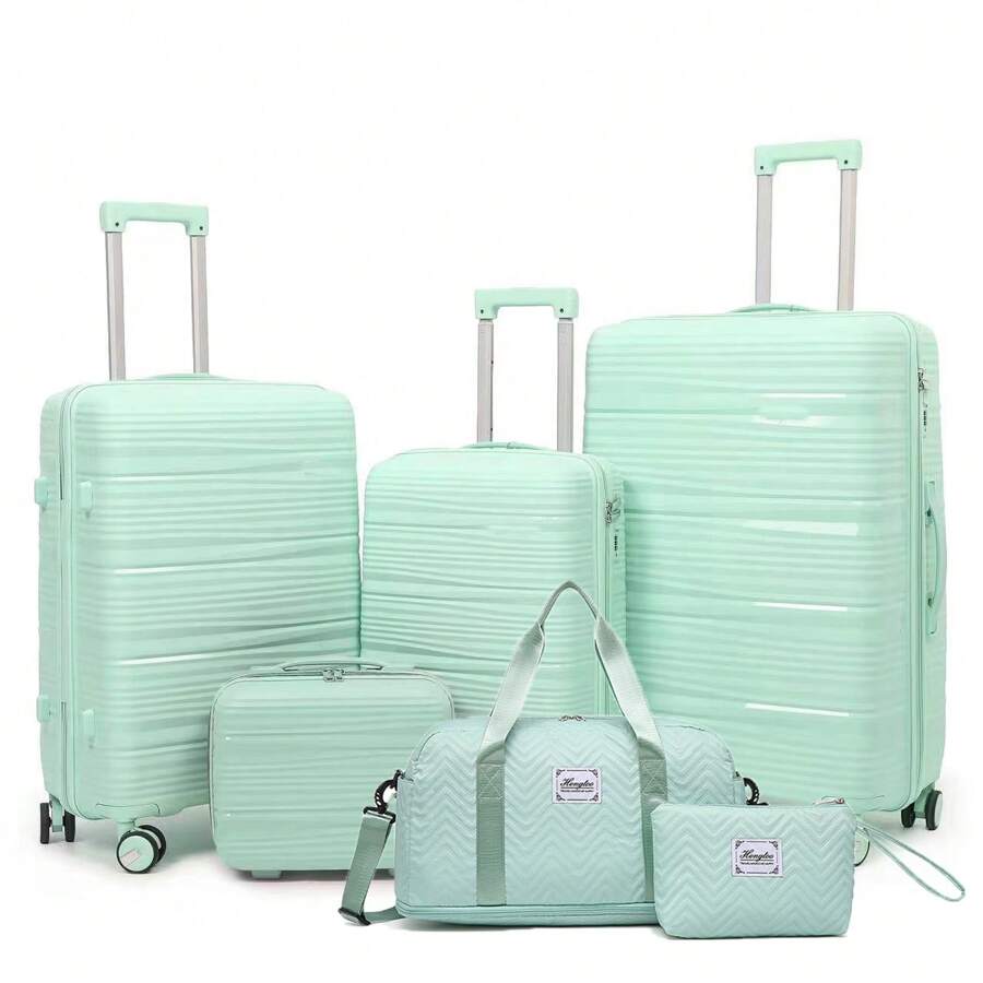 6pcs Set PP Zipper Fashion Travel Trolley Suitcase Unique Highly-Rated Luggage With Spinner Wheels + Travel Bag, Suitable For Teens, Casual Outdoor, Athletic, Vacation, Travel, Graduation Gifts, Birthday Outfit Accessories