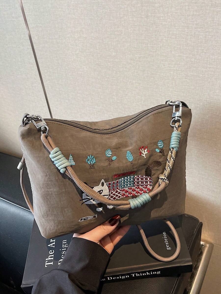 Japanese Style Embroidered Shoulder Bag, Unique Design Fashion Versatile Large Capacity Casual Messenger Bag, Lightweight Tote