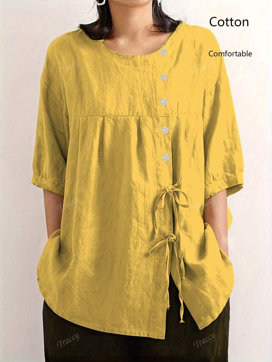 Blusa con botones frontales y lazo sencilla y de un solo color para mujer, camisa casual de algodón con mangas 3/4 para uso diario en verano