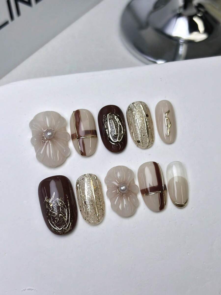 10 stuks/set Diy handgemaakte eenvoudige en veelzijdige handgetekende patronen, gemarmerde halo handgemaakte 3D-bloemvormen, gouden magische spiegelpoedereffecten, geschikt voor herfst- en winterkleding, inclusief korte 10 stuks/set Diy handgemaakte eenvoudige en veelzijdige handgetekende patronen pers op nagels