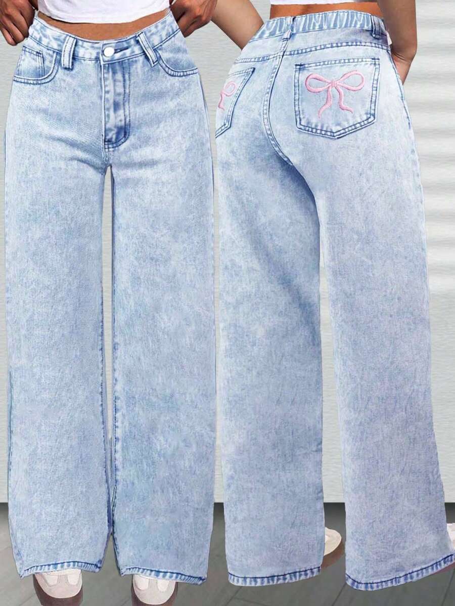 Tween-Mädchen Loose Fit Lässig Schlagjeans mit Schmetterling Stickerei, bequem und stark