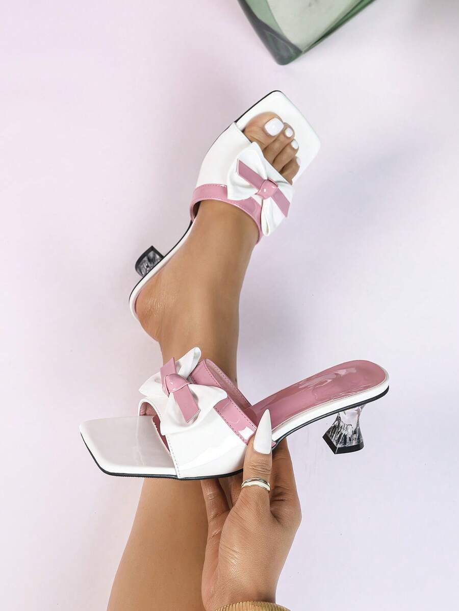 Women High Heel Mules, Fashionable Sweet Butterfly Decor Color Block Square Toe Sandals For Summer