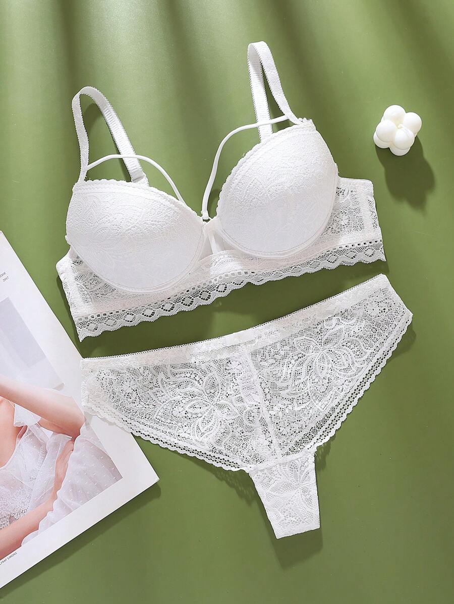 Conjunto elegante y romántico de sujetador acolchado con cordones y tanga, lencería cómoda con bloques de color para damas