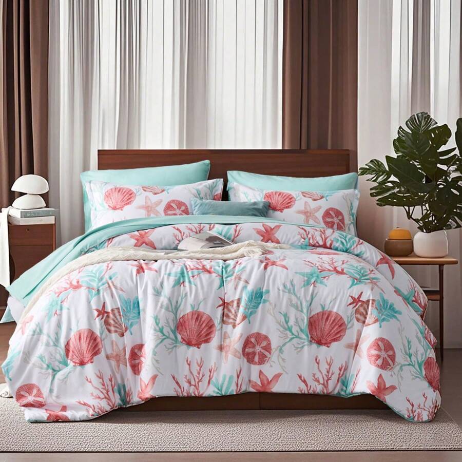 7 Piece Bed In A Bag Bed Comforter Set Queen, Fashion Starfish Coral Print, Boho Print Comforter And Sheet, Pillowcase Set, Soft Microfiber, Comfortable And Warm Bedding Set, Bedroom Decor For All Seasons, Ideal Gift