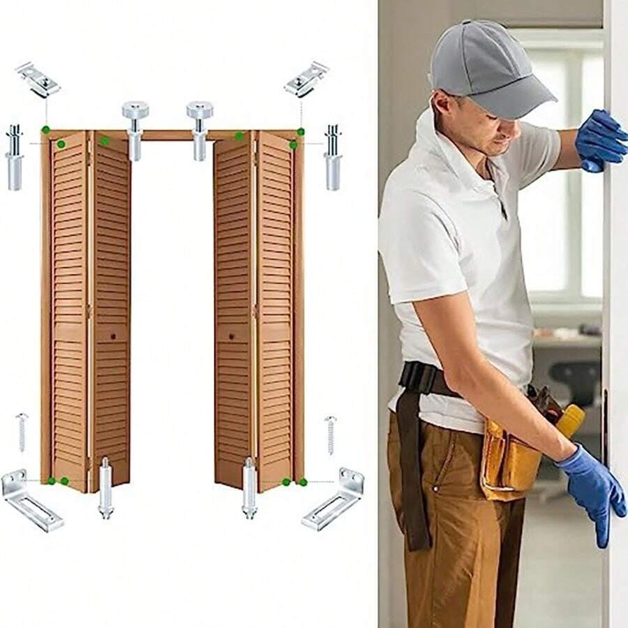 2 paquets Kit de réparation de matériel de porte pliante, comprend les supports pivotants supérieurs et inférieurs, les guides de rouleau, les charnières pour pièces de rechange de porte de placard coulissante pliante
