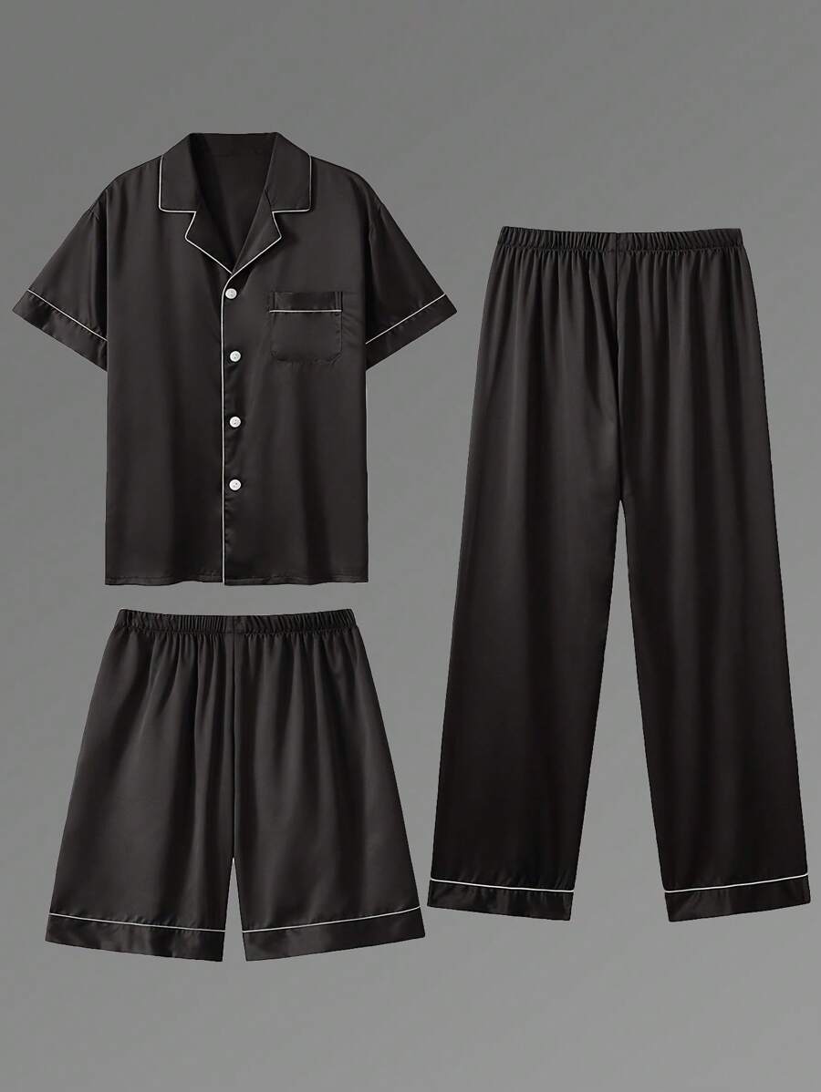 3pcs Casual Men's Short Sleeve T-Shirt, Shorts & Pants 3 Pieces Pajama Set