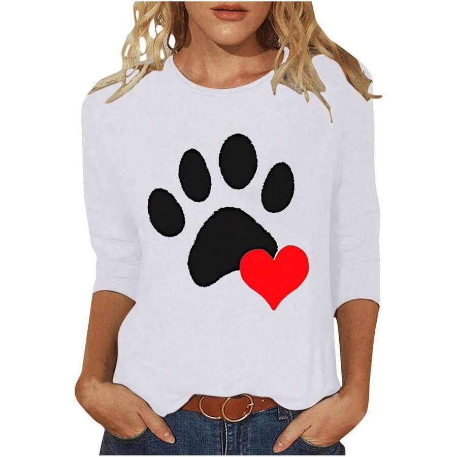 Womens Valentine's Day Tee Tops Cute Dog Paw Love Heart Print T-Shirt Dog Mom 3 4 Sleeve Shirts Plus Size Blouses
