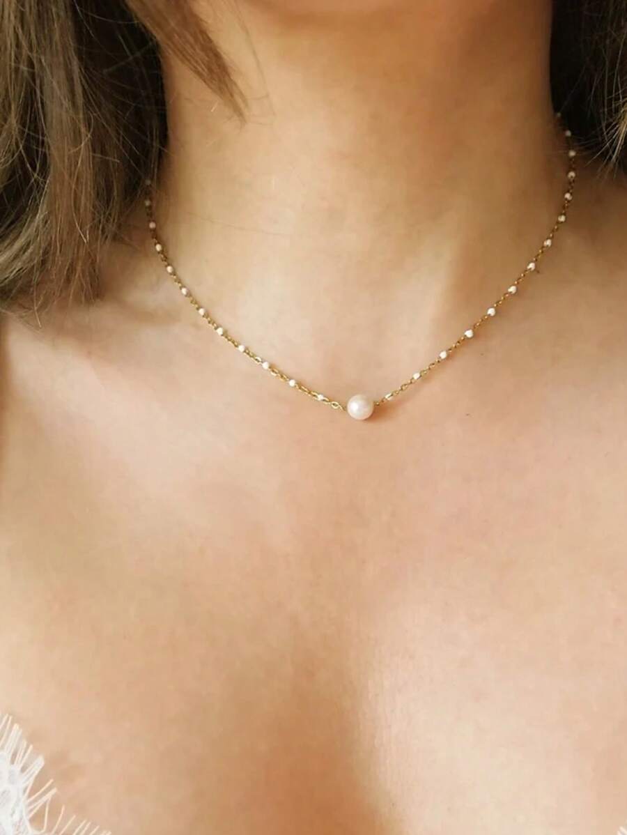 1 pieza Collar metálico con colgante de perlas falsas, estilo veraniego para uso casual diario