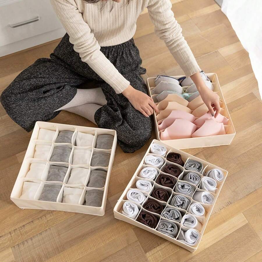 Foldable Fabric Grid Storage Box, Underwear Organizer Container For Socks, Bras, Panties, Closet Drawer Divider