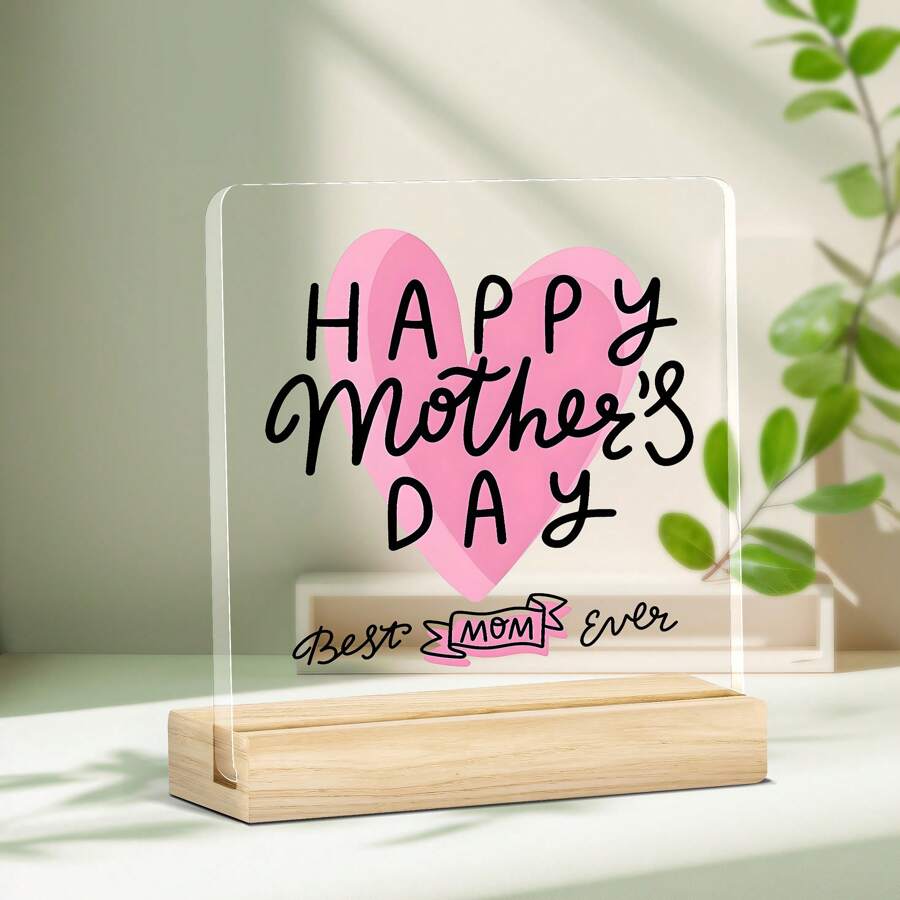 1pc 3.93x3.93 Inch Best Mom Ever Acrylic Plaque - Mother's Day Gift With Wooden Base Desk Decor, Inspirational Office/Home Decoration For Mom