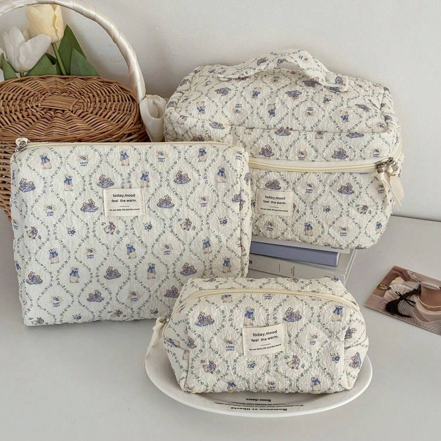 Lace Purple Rabbit Design Makeup Bag, Soft Fabric Zipper Closure Cartoon Cute Vintage Large Capacity Toiletry Bag, Suitable For Home, Travel, Daily Use Travel Essentials Travel Accessories Travel Must Haves