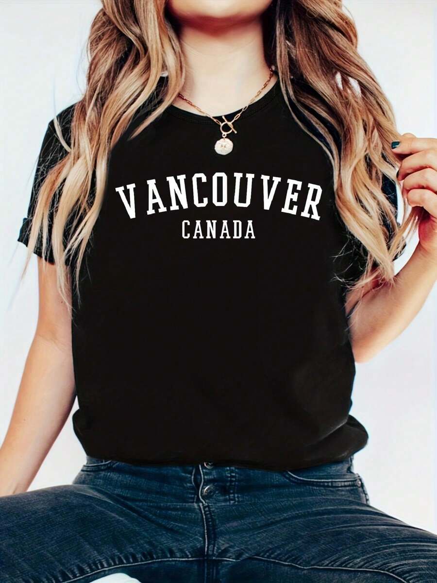 Vancouver, Canada Travel Souvenir Popular City T-Shirt - 100% Cotton Printed Short Sleeve T-Shirt Top - Casual Sport Style - Comfortable & Breathable For Summer, Spring