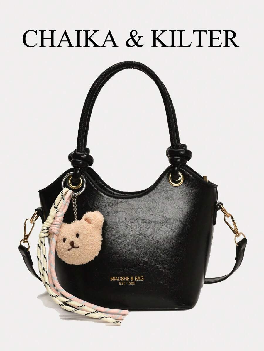 1pc CHAIKA & KILTER Glossy Solid Color PU Leather Shoulder Bag, Women's Fashion Handbag, Bucket Tote With Foil Lettering, Tie Strap Dual Handles, Zipper Closure, Detachable Adjustable Strap For Shoulder Or Crossbody Use, Suitable For Daily And Commuting