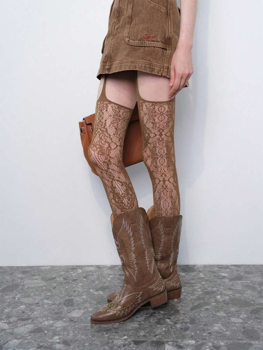 Vintage American Lace Garter Pantyhose, Sexy Sheer Lace Hollow Out Jacquard Thigh High Stockings