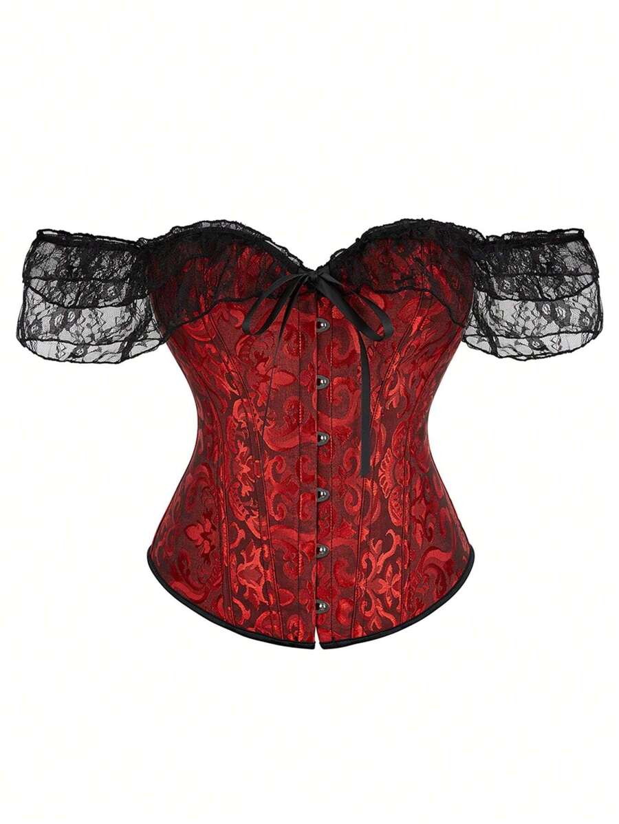 Vrouwen Off Shoulder Jacquard Taille-Cinching Kant Band Corset Top, Nieuwjaarsfeest, Valentijnsdag, Vakantie Tops