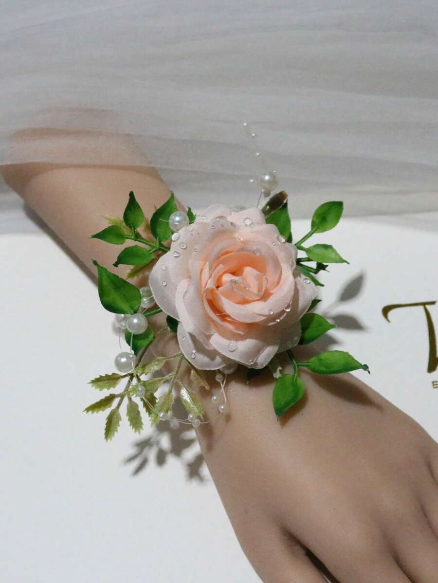 1pc Elegant Pink Korean Style Bridal Wrist Flower, Wedding Accessories, Bridesmaid Gift, Luxurious Pearl Chain Bracelet