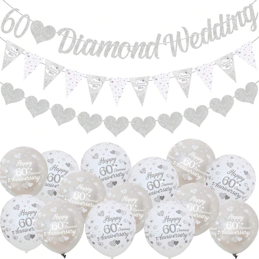 23 szt. Dekoracje na 60. rocznicę, 60. diamentowe banery ślubne z brokatem, 60. rocznica, chorągiewki i balony na rocznicowe imprezy