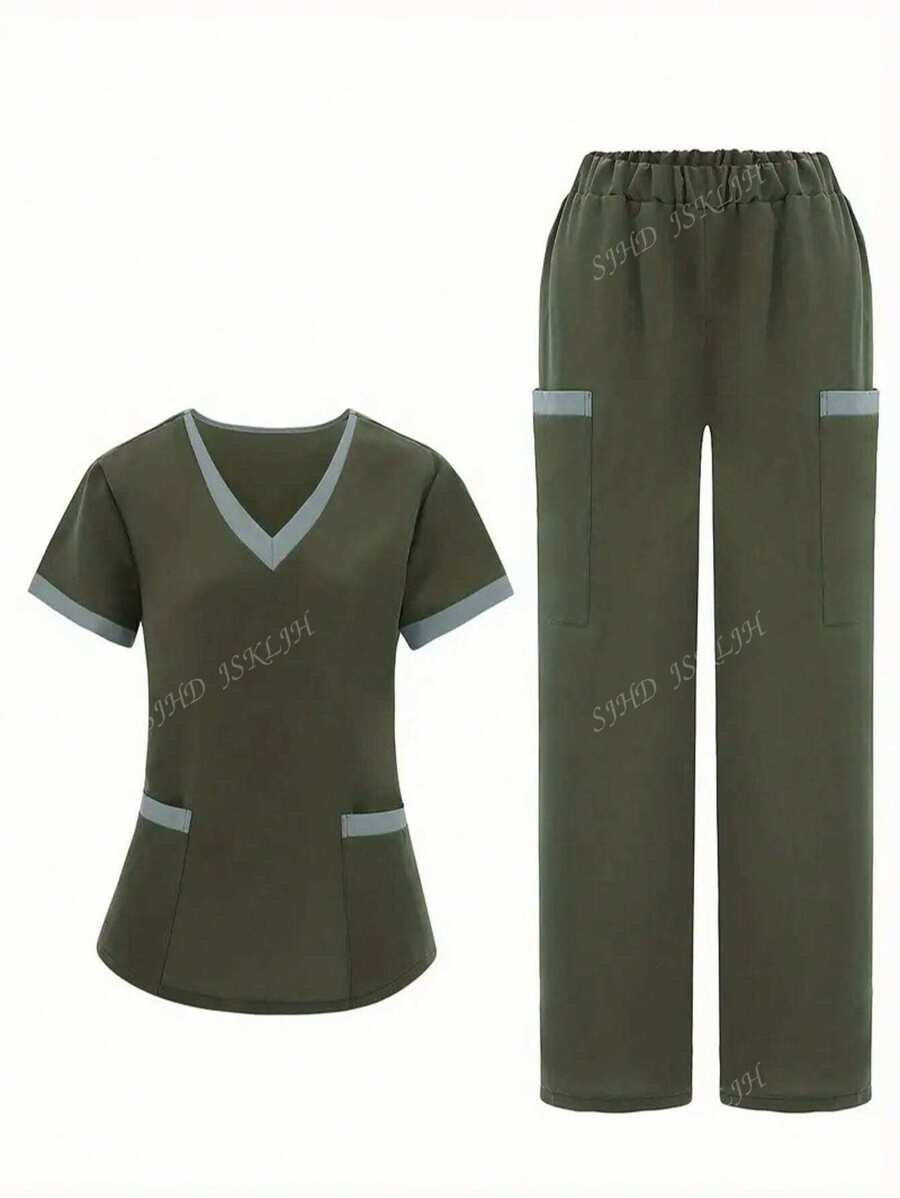 Ensemble uniforme de Top manches courtes et pantalon avec coutures bicolores pour femmes