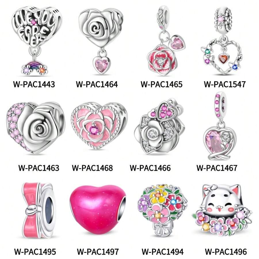1 pieza Compañero permanente del amor, romántico rosa corazón de rosa de amor, lazo de amor, broche fijo, ramo de amor, gato y flor, cuentas de flor, colgante adecuado para pulsera de serpiente, collar, llavero, cuentas plateadas adecuadas para hacer joyería DIY, regalo de aniversario, Navidad, para chicas, pareja, regalo del Día de San Valentín