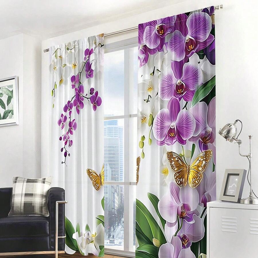 2pcs/Set Beautiful White & Purple Orchid Flowers And Golden Butterflies Digital Print Semi-Sheer Curtain, Spring, Rod Pocket Style, Polyester Material, Suitable For Living Room, Bedroom, Dining Room, Home Decor