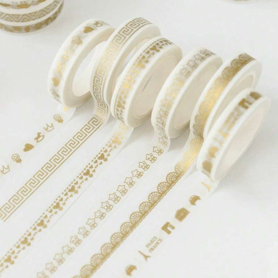 6pcs Style Random DIY Album Tape Subdivided Line And Paper Tape Hand Ledger Border Decorative Gold Tape Narrow, Suitable For DIY Albums, Notebooks, Collage Paintings-White. Suitable For Plastic Surfaces School Supplies, Back To School