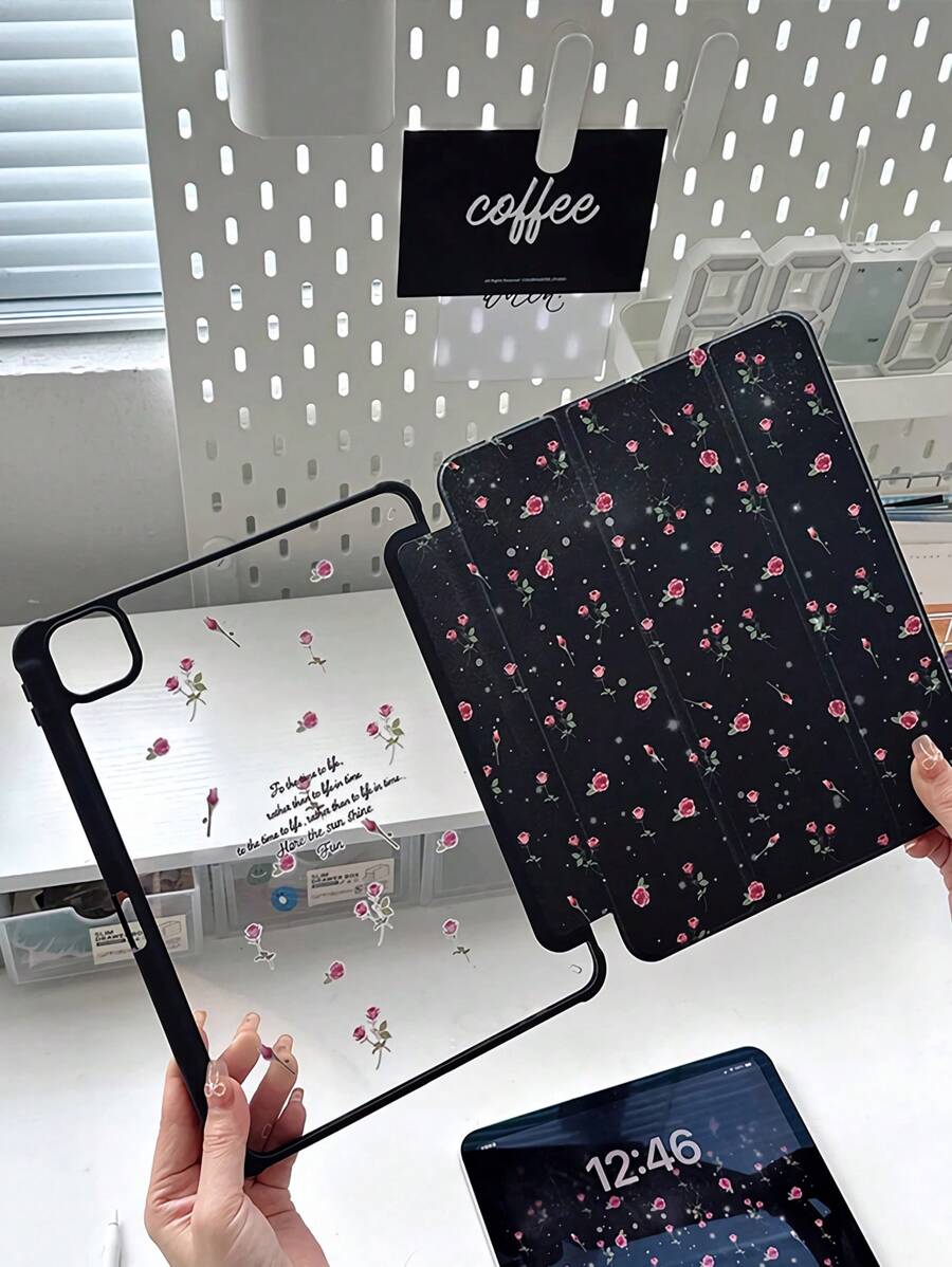 1 pièce Étui de tablette en acrylique transparent et aux fonctions anti-chute et de veille, avec design floral et lettres recto-verso. Compatible avec iPad. Cadeau parfait pour les vacances