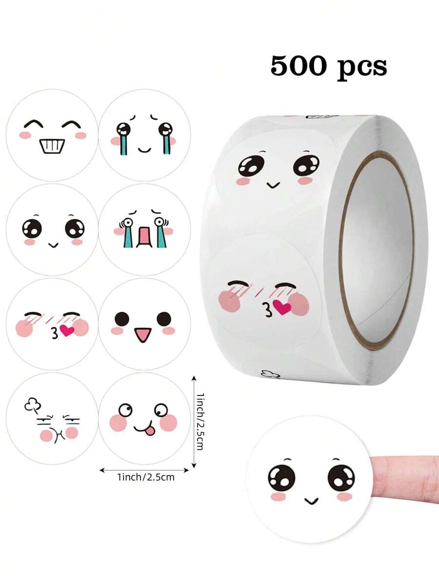 500 Pcs/Roll Cartoon Cute Expression Stickers, Multi-Expression Creative Diary/Planner Decorative Material, Waterproof Sticker For Students Reward & Encouragement