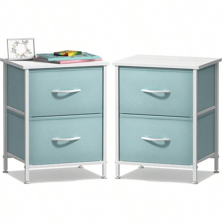 Nightstand With 2 Drawers - Kids Bedside Furniture End Table Night Stand - Steel Frame, Wood Top & Easy Pull Fabric Bins - Dresser & Chest For Home, Bedroom Accessories, Office & College Dorm