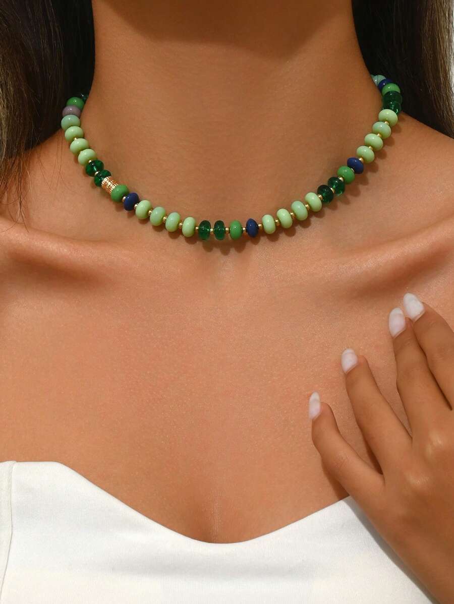 1 st. Elegante Vintage Veelzijdige Willekeurige Kleur Natuurlijke Steen Kralen Choker Ketting, Geschikt Voor Dagelijkse & Vakantiekleding Voor Vrouwen