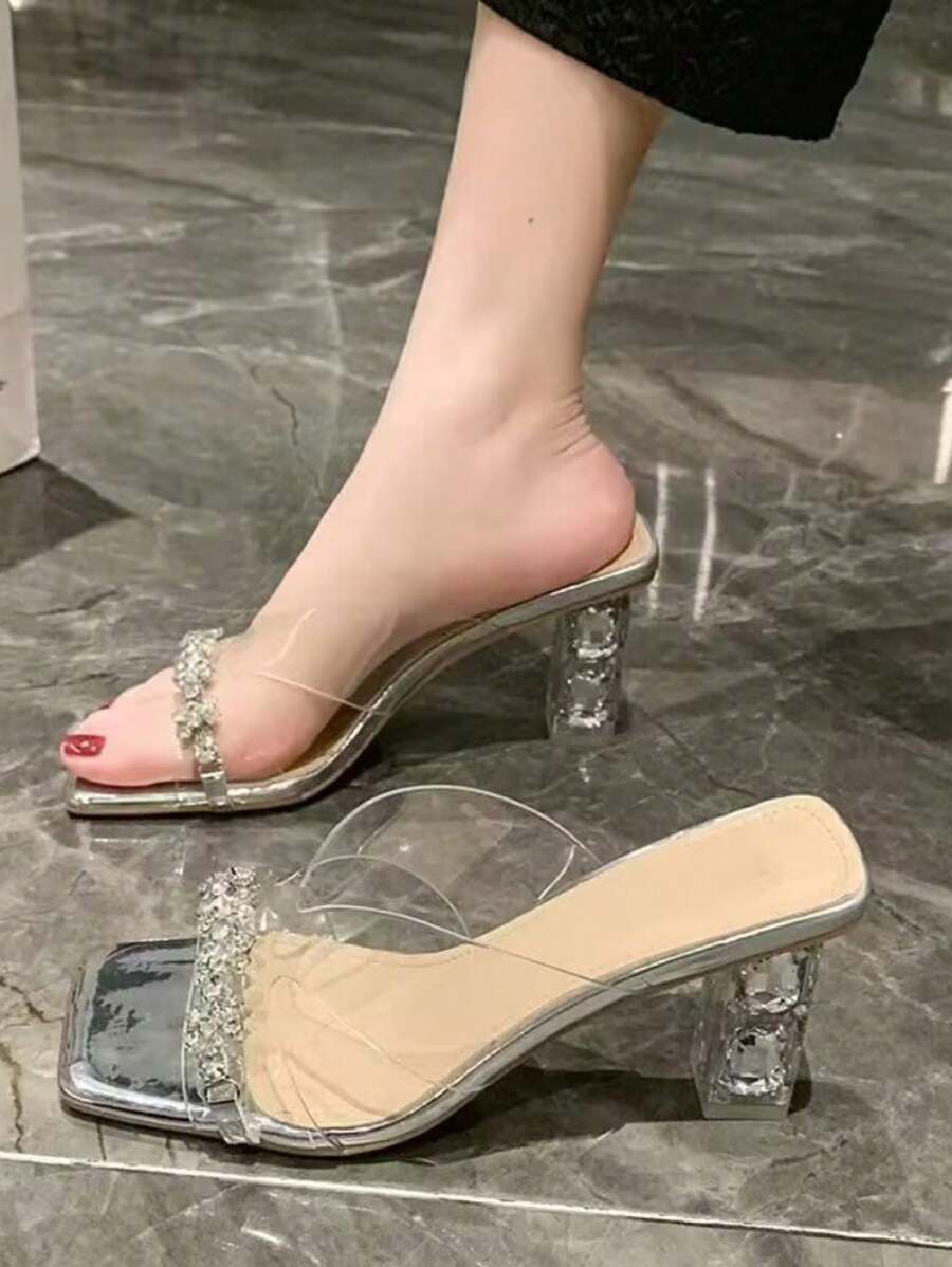 Ladies Summer Peep Toe Casual Sandals, New Square Toe Clear Crystal Decorated High Heel Sandals