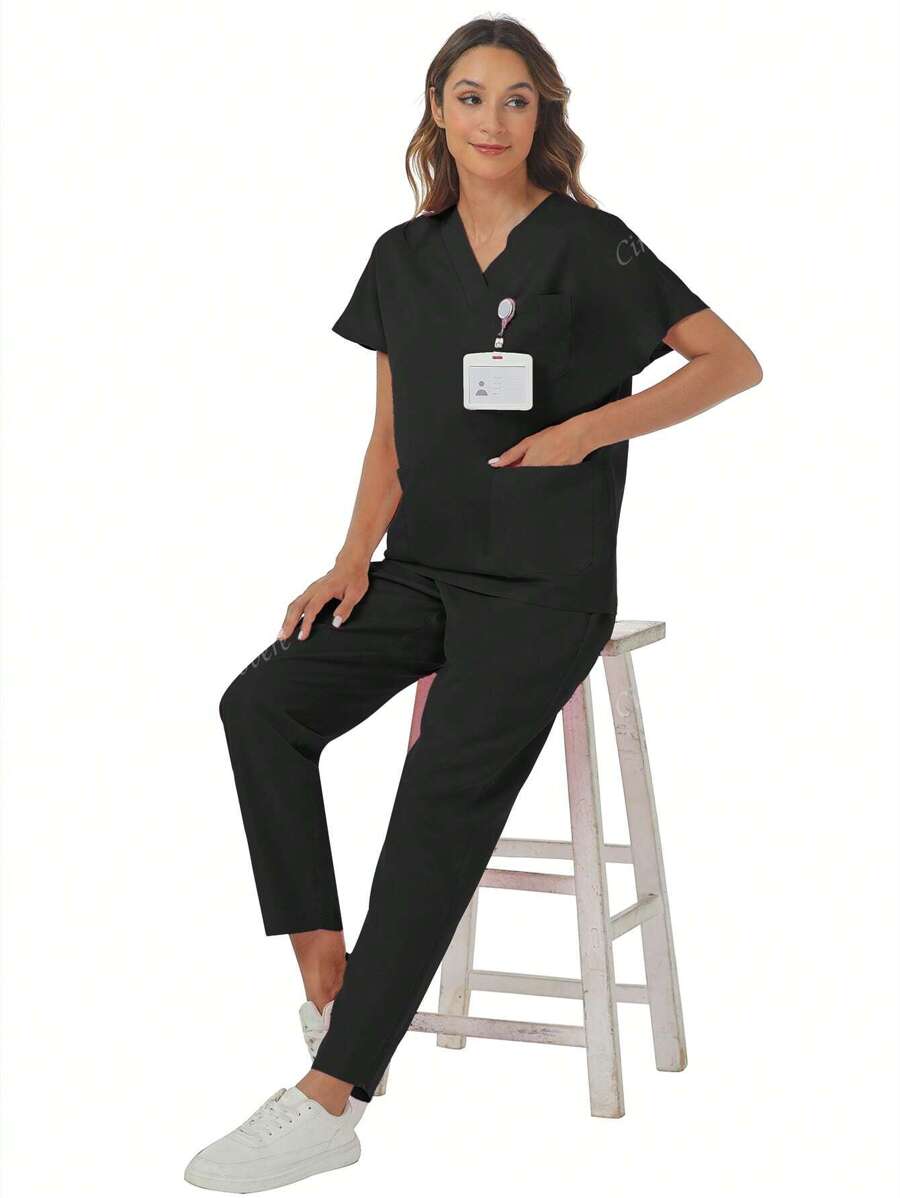 Ensemble de tenue de travail (Top col V manches courtes couleur unie et pantalon à taille élastique multi-poches)