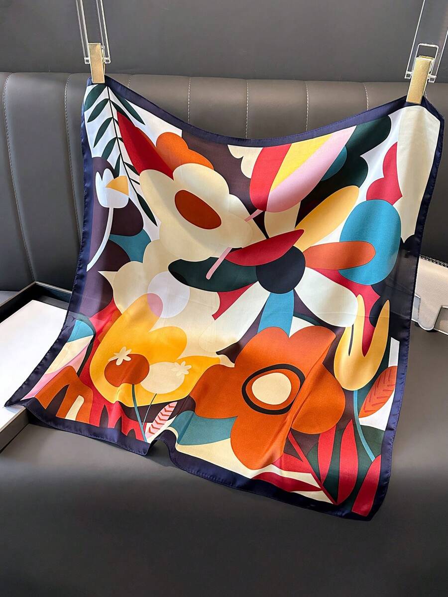 1 pièce Foulard carré petit de 70 cm en faux soie à imprimé floral, nouveau foulard de mode printemps/été pour femmes, foulard polyvalent, lien pour cheveux, bandeau, cravate de cou stylée