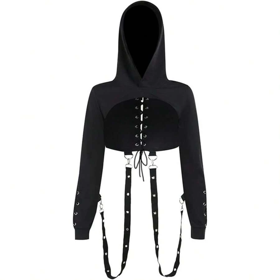 Women's Gothic Hoodie Crop Tops Long Sleeve Punk Black Rave Hood Outfit Festival Goth Aesthetic Emo Teens