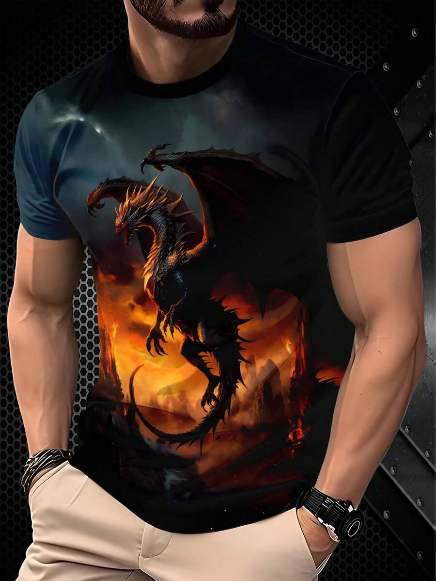 Men's 3D Fire Dragon Print T-Shirt - Casual Short Sleeves, Breathable Polyester Blend, Machine Washable, Outdoor Summer T-Shirt, Outdoor Clothing|Bold Casual