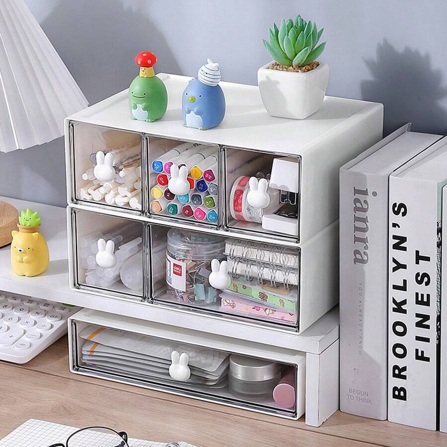 Desktop Storage Box Drawer Can Be Stacked Student Desk Stationery Shelf Office Debris Cute Rabbit Head Handle Storage Box, Stationery Pen Holder Office Debris Sorting Box, Suitable For Office Desks.