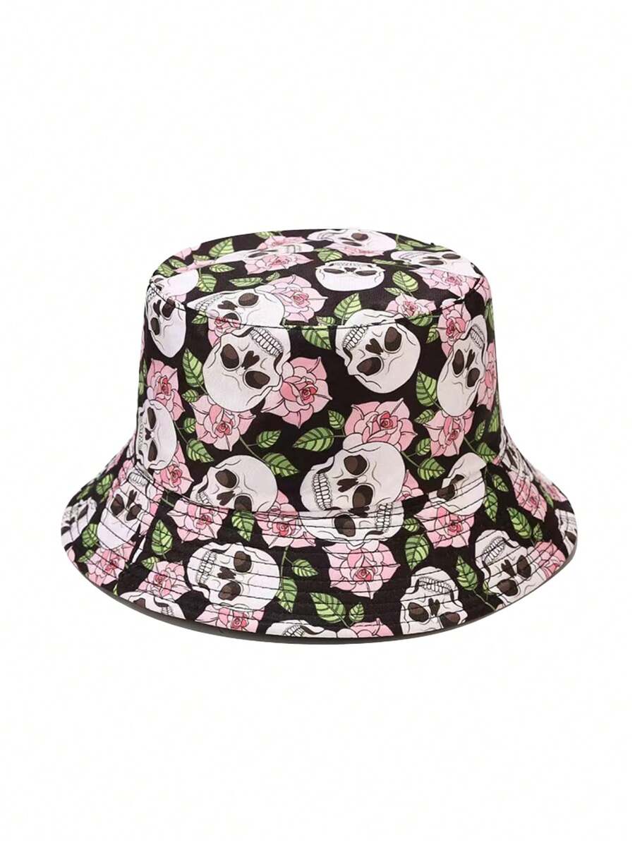 1 Stück modischer umkehrbarer Fischerhut für Damen mit rosafarbenem Blumen- und Skelettdesign, geeignet für lässige Frühlings- und Sommeroutfits