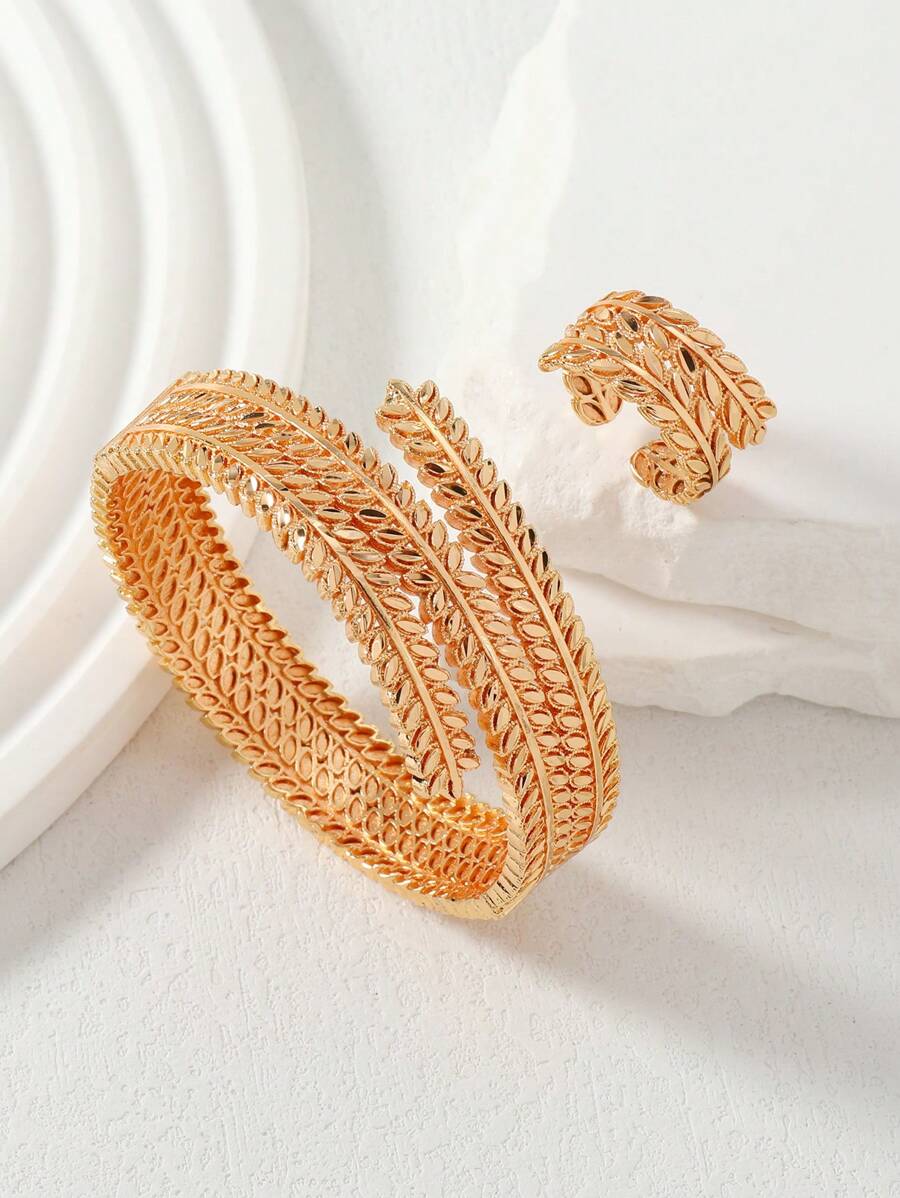 Set de joyería de 2 piezas con brazalete y anillo de aleación de cobre chapado en oro rosa con diseño retorcido de trigo estilo árabe para mujeres