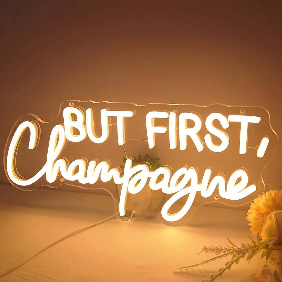 1 Pc "But First,Champagne"Champagne Celebration LED Neon Sign - USB Powered, Perfect For Home Bar, For Man Cave, Weddings, Birthdays & Parties - Easy Hang Wall Decor, 16.5"X7", Warm Light