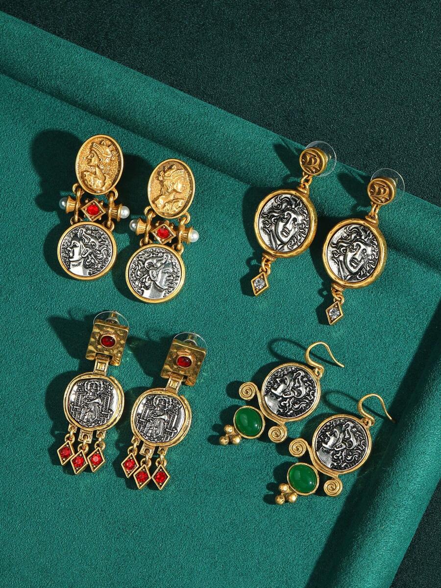 Vintage Tarnished Copper-18K Gold Plated Antique Coin Cameo Portrait Earrings With Faux Agate & Glass Crystal Beads