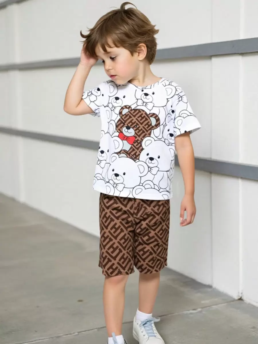 Conjunto de 2 piezas de top de manga corta de cuello redondo y shorts a juego con estampado de osito de dibujos animados para niñas, para verano
